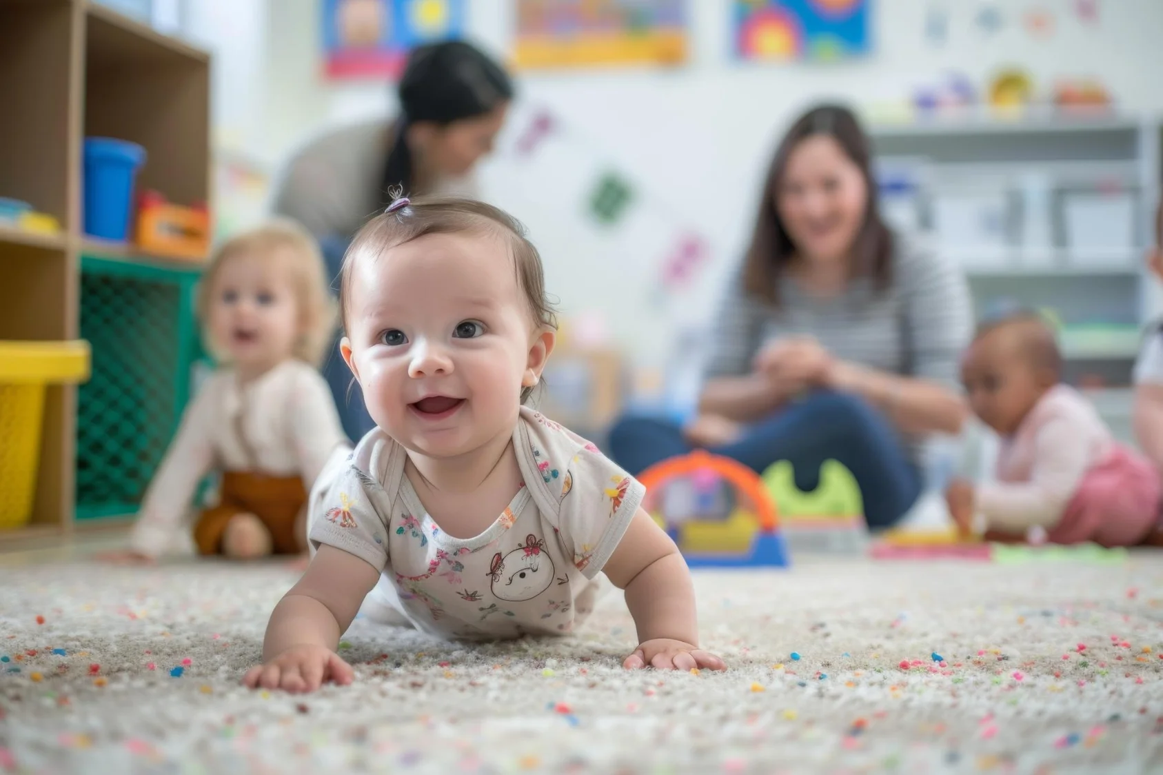 A baby smiling while playing with soft toys in a cozy, safe environment designed for early development.