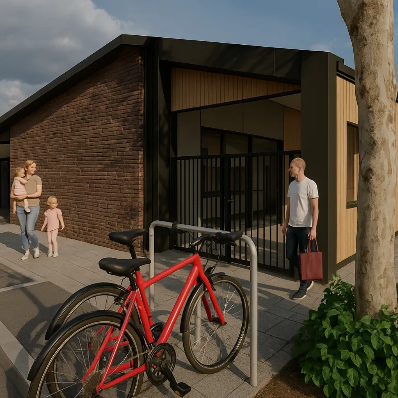 Secure centre entrance with families arriving on foot and by bike, showcasing convenient access for Balga families.
