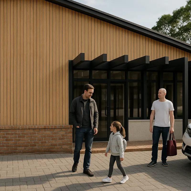 Parents chatting during drop-off outside Amara’s secure entry, highlighting convenient on-site parking.