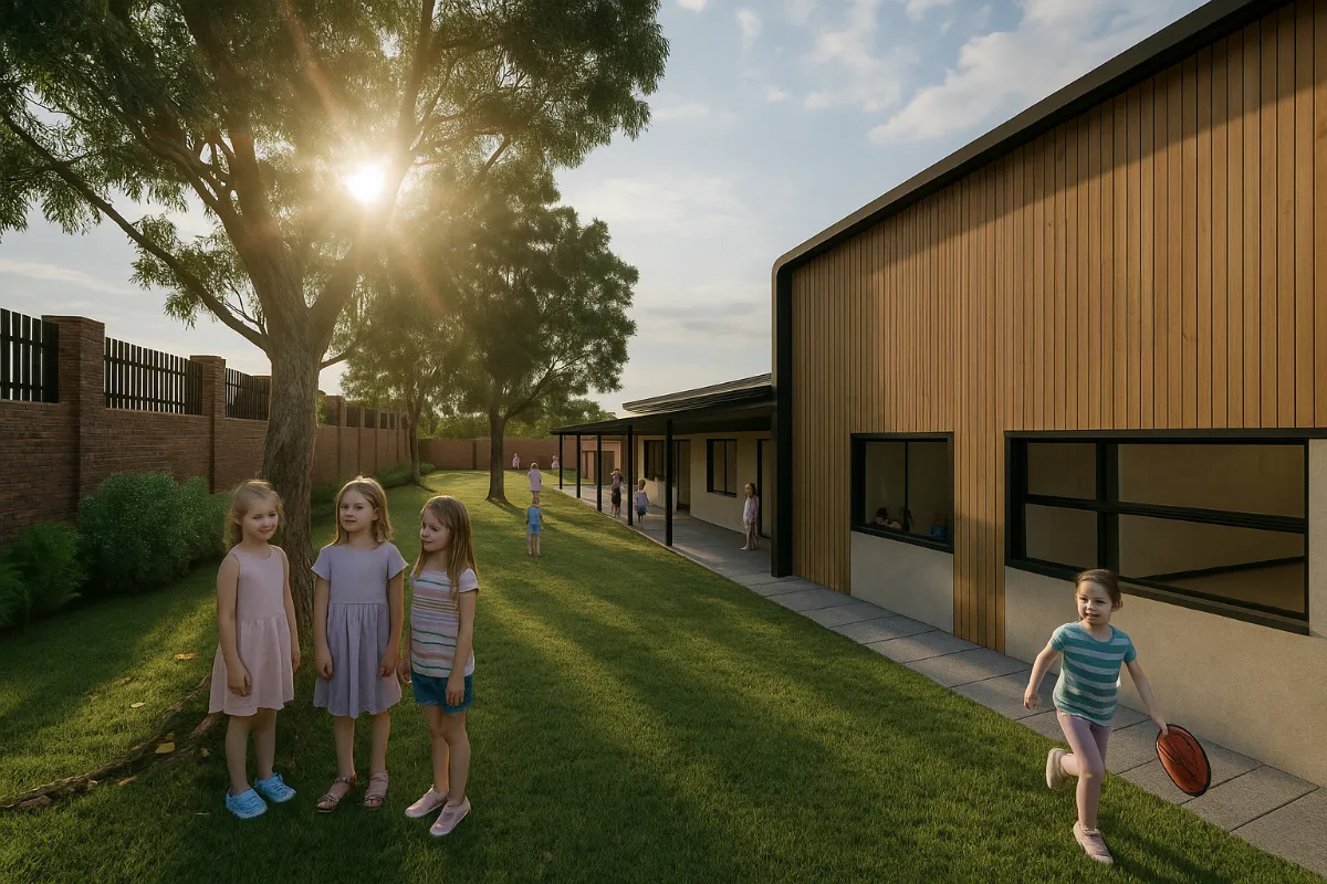 Children playing on green lawn beside a purpose-built early learning centre with natural shade and secure fencing.